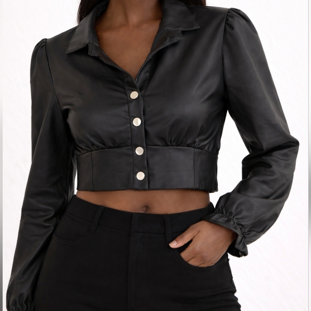 Cropped Black Faux Leather Button-Front Top